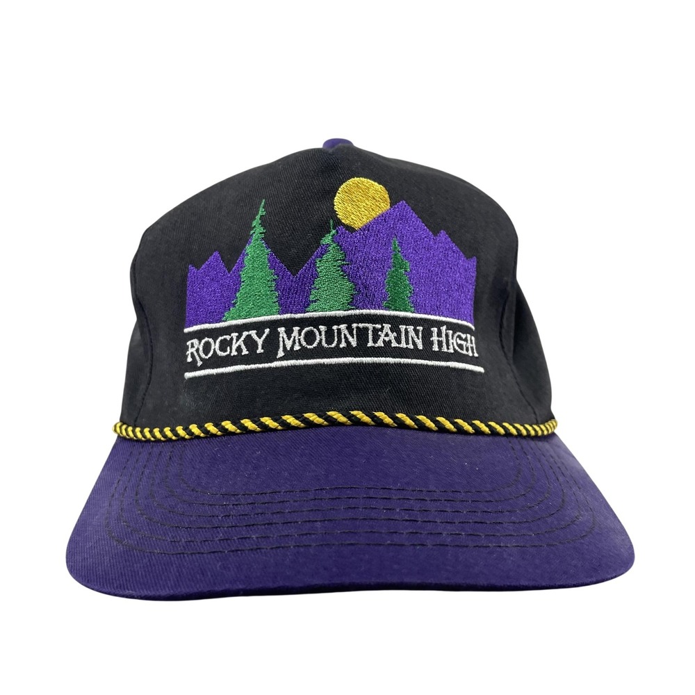 Vintage K-Products Rocky Mountain High Hat Black Purple Rope Strap Back Cap USA